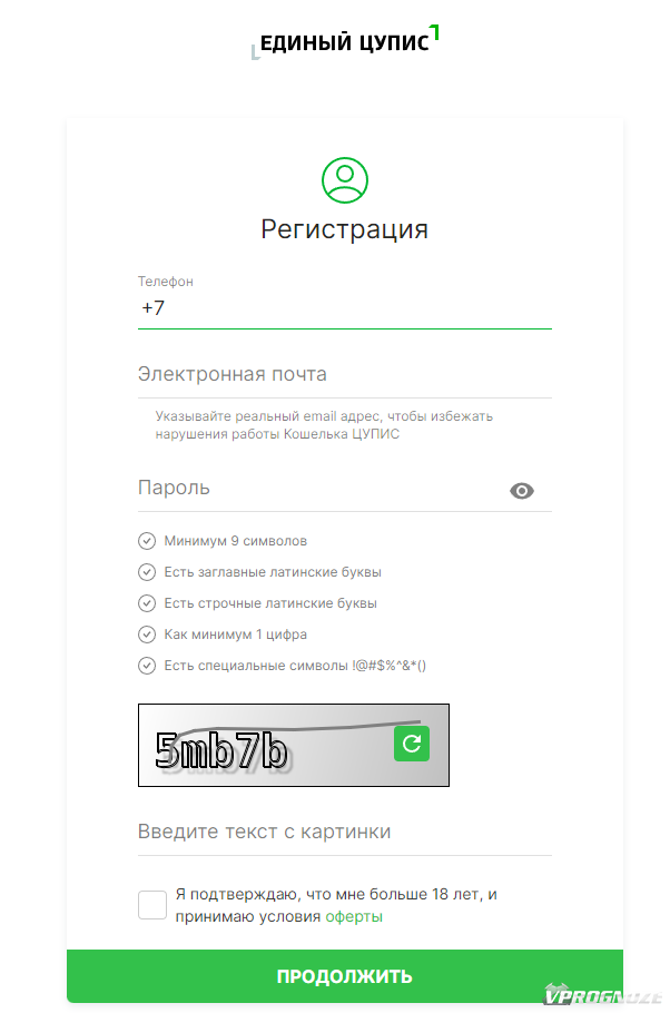 Регистрационная форма для создания аккаунта в Едином ЦУПИС