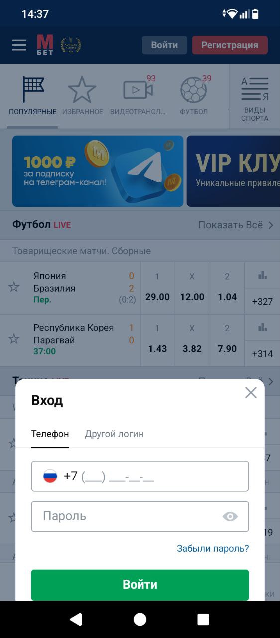 Вход в личный кабинет в приложении Марафон